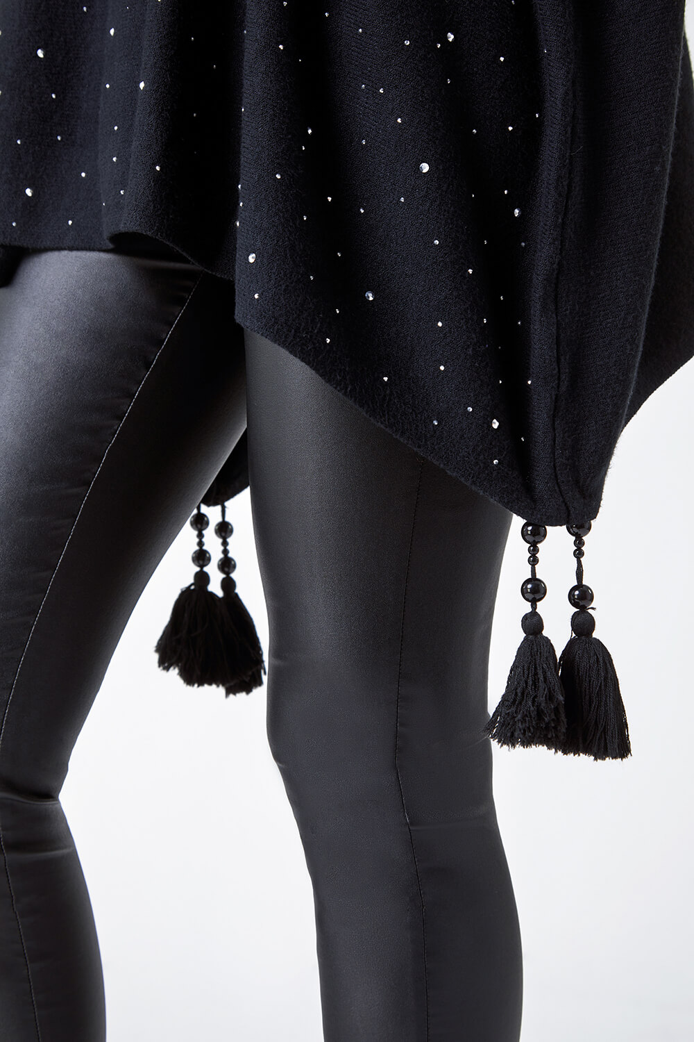Black One Size Sparkle Embellished Tassel Poncho, Image 5 of 5