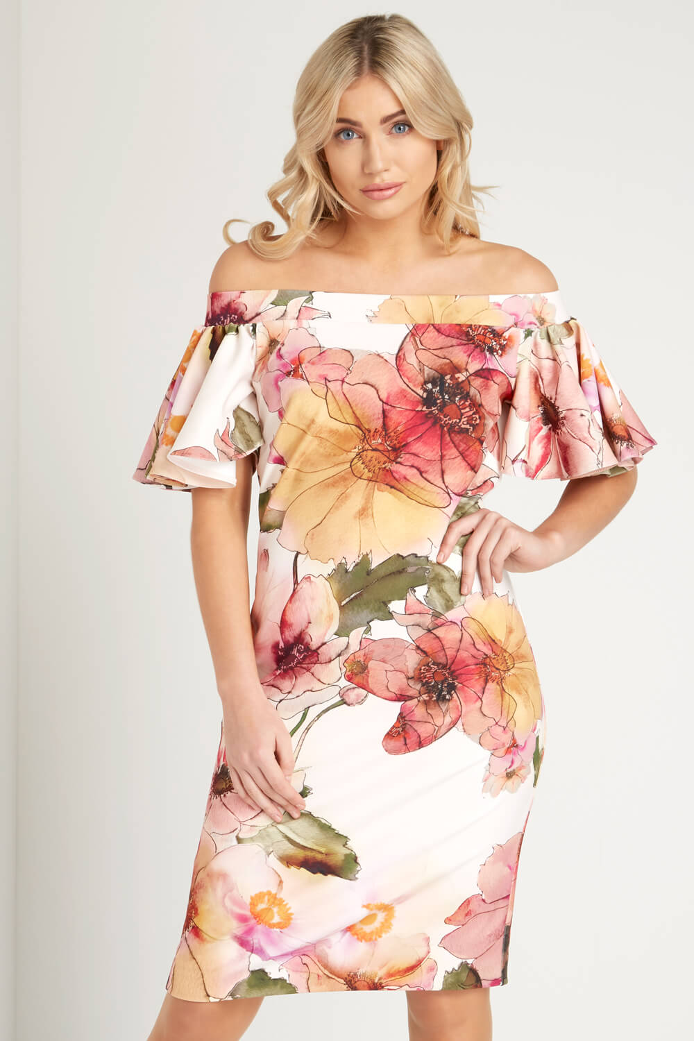 Floral Bardot Frill Scuba Dress in Pink - Roman Originals UK