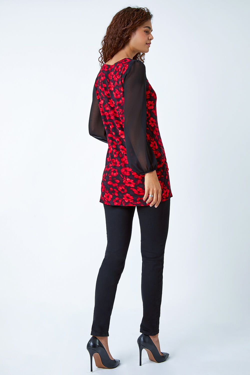 Red Floral Print Chiffon Sleeve Stretch Top, Image 3 of 5