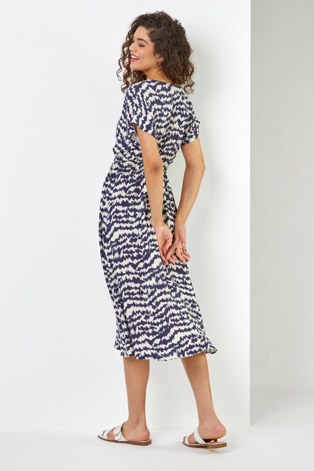 Navy  Abstract Print Fit & Flare Dress, Image 2 of 5