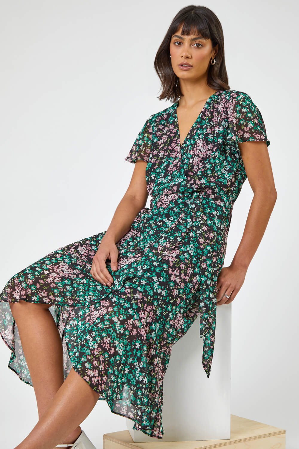 Ditsy Floral Wrap Midi Dress in Green - Roman Originals UK