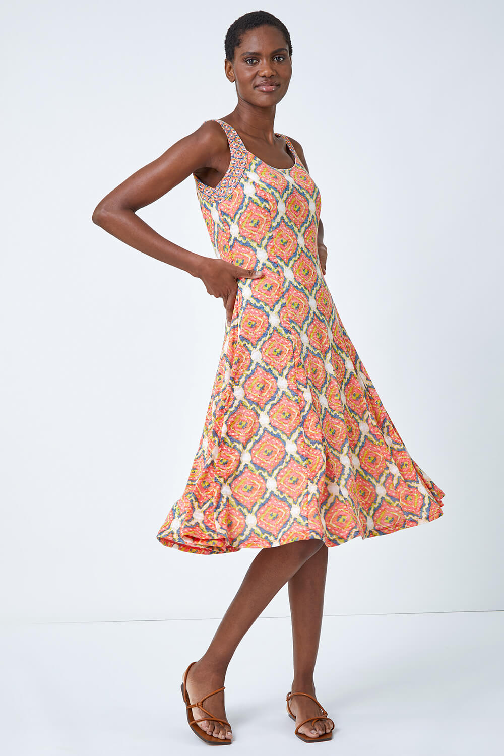 ORANGE Sleeveless Geometric Print Swing Dress, Image 2 of 5