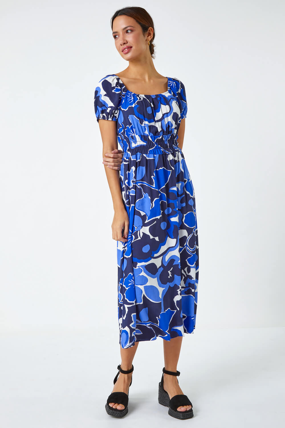Royal Blue Floral Print Puff Sleeve Midi Dress, Image 4 of 5