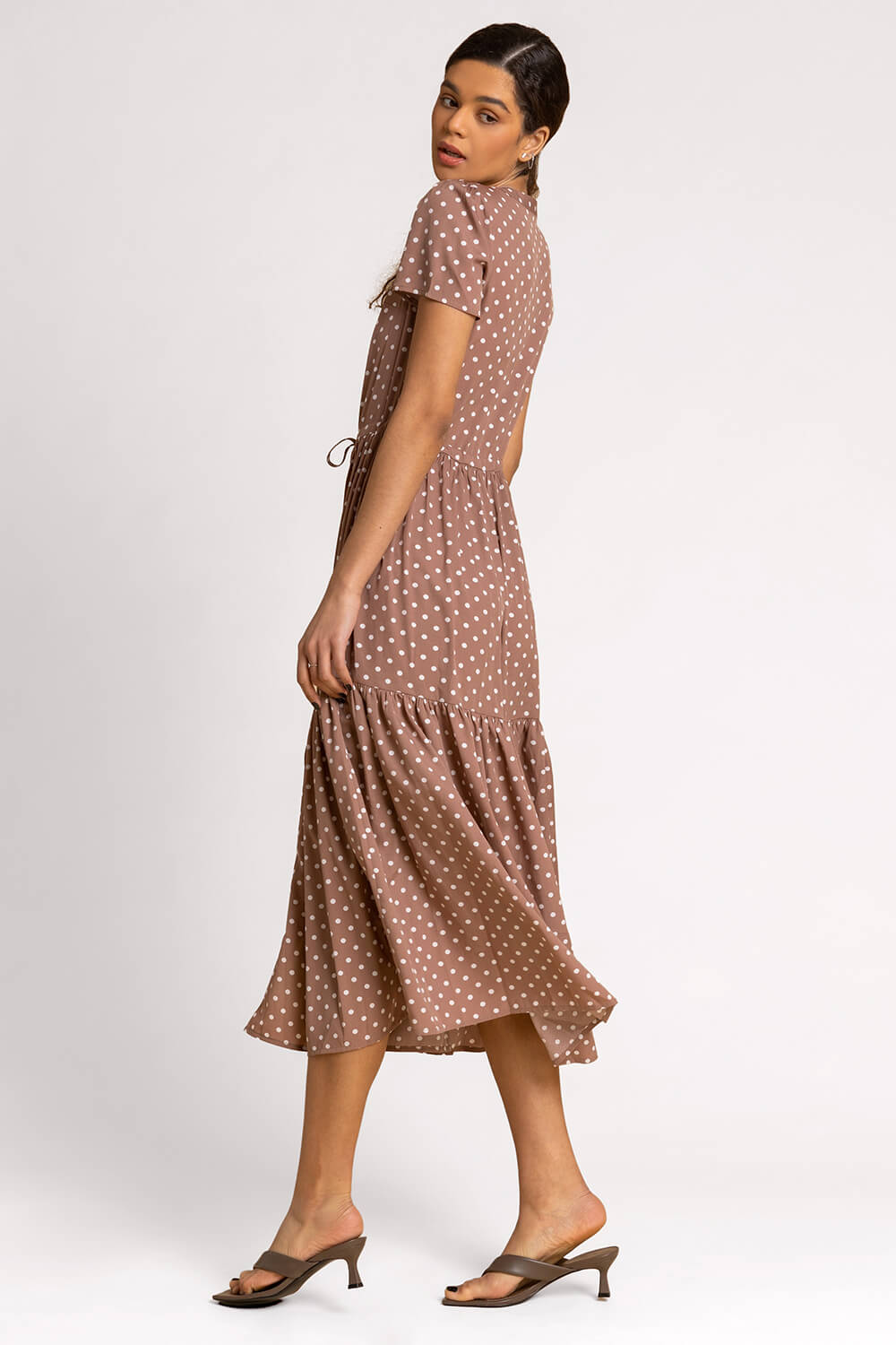 Taupe Spot Print Tiered Midi Shirt Dress, Image 2 of 5
