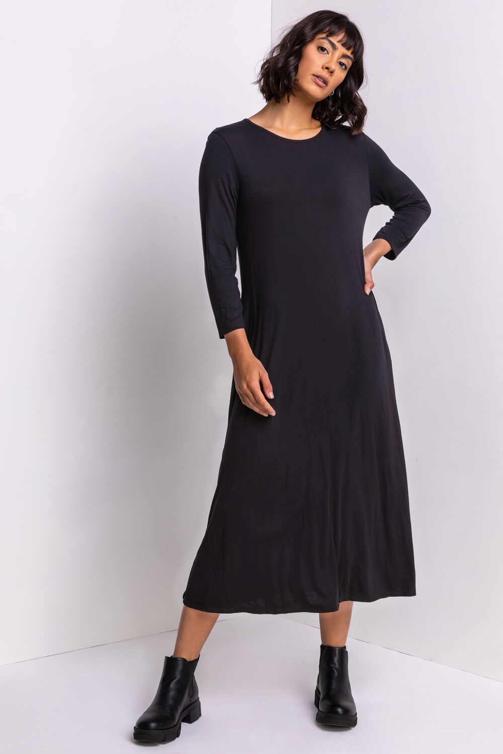 Black Pocket Jersey Midi Dress, Image 4 of 4