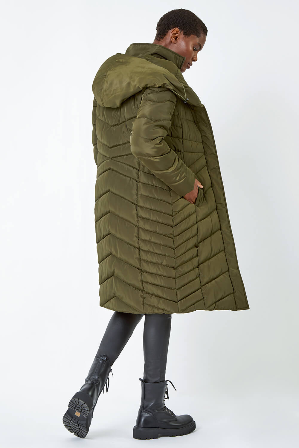 KHAKI Hooded Quilted Longline Coat, Image 3 of 5