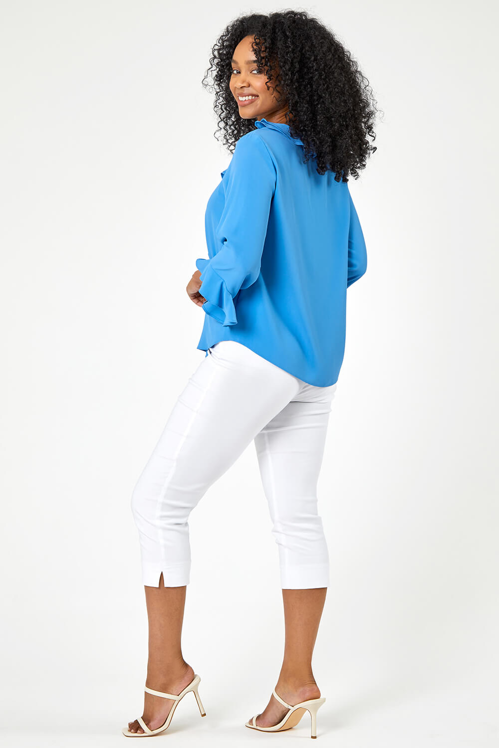 Blue Petite Flared Sleeve Frill Detail Blouse, Image 2 of 5