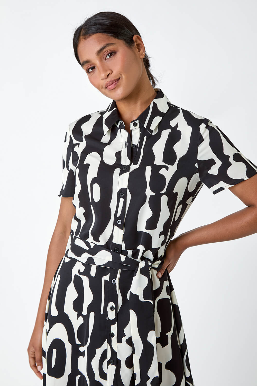 Black Abstract Print Fit & Flare Shirt Dress, Image 4 of 5