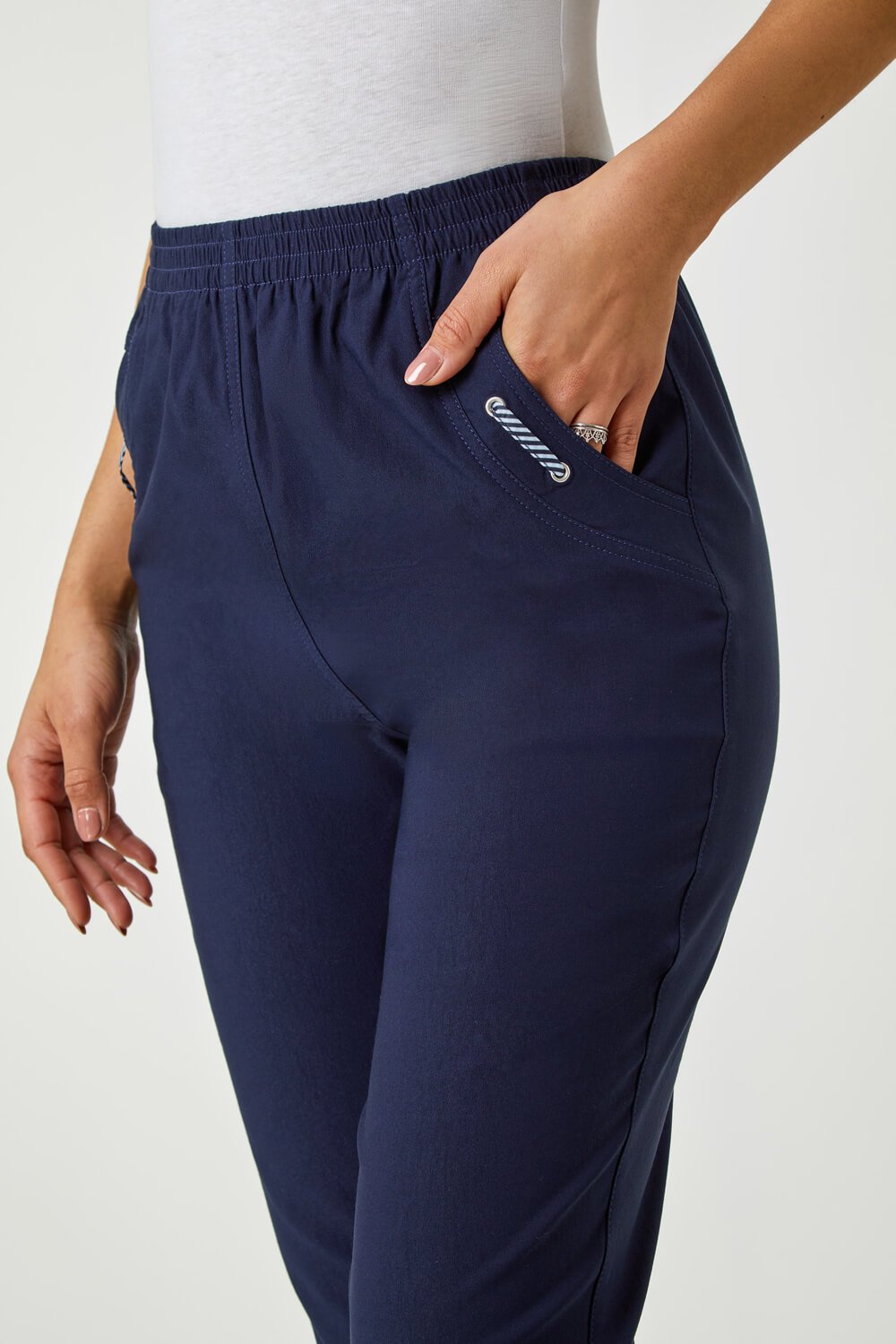 Navy  Eyelet Detail Cropped Stretch Trousers, Image 5 of 5