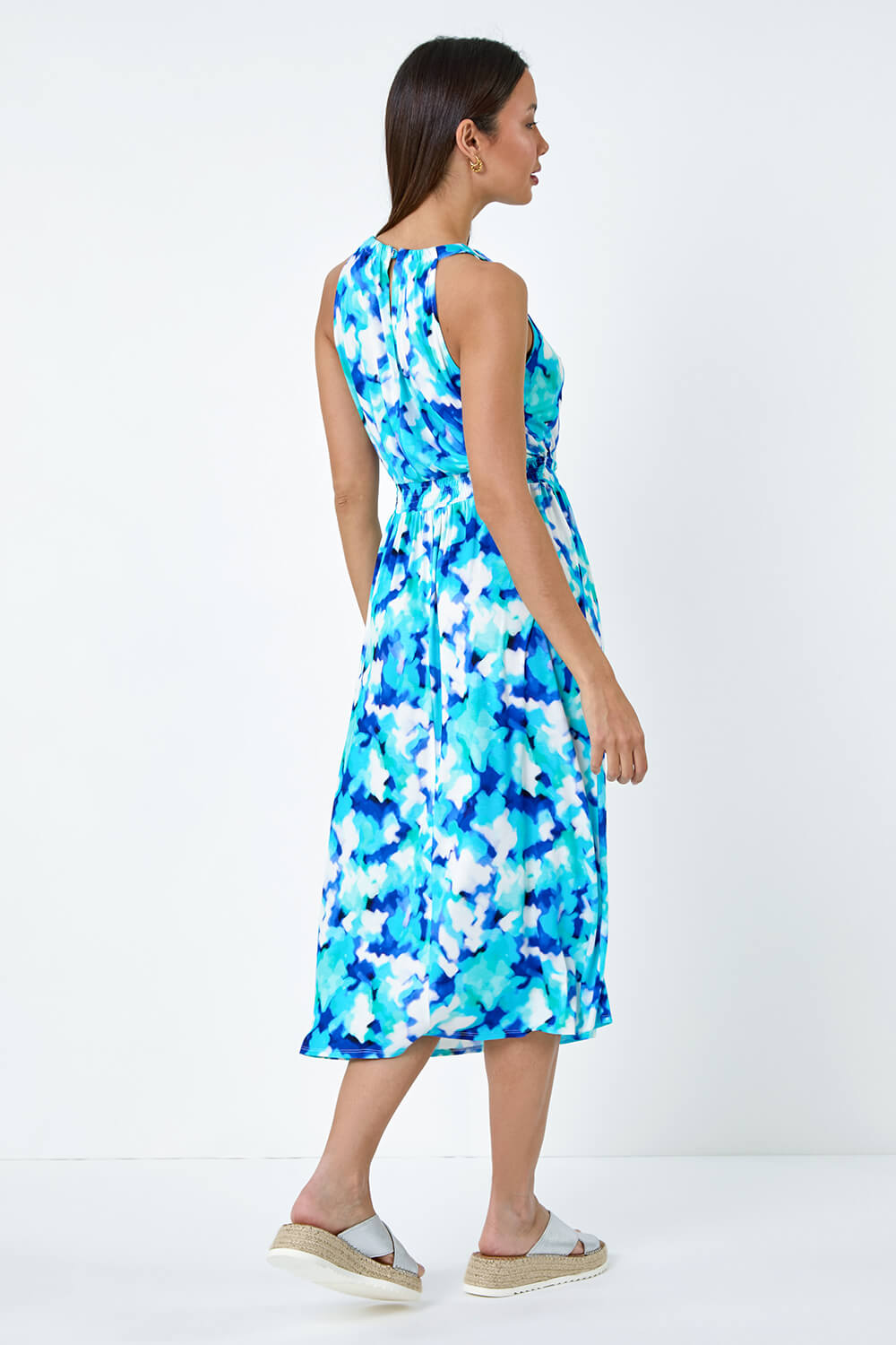 Blue Abstract Halter Neck Stretch Midi Dress, Image 3 of 5
