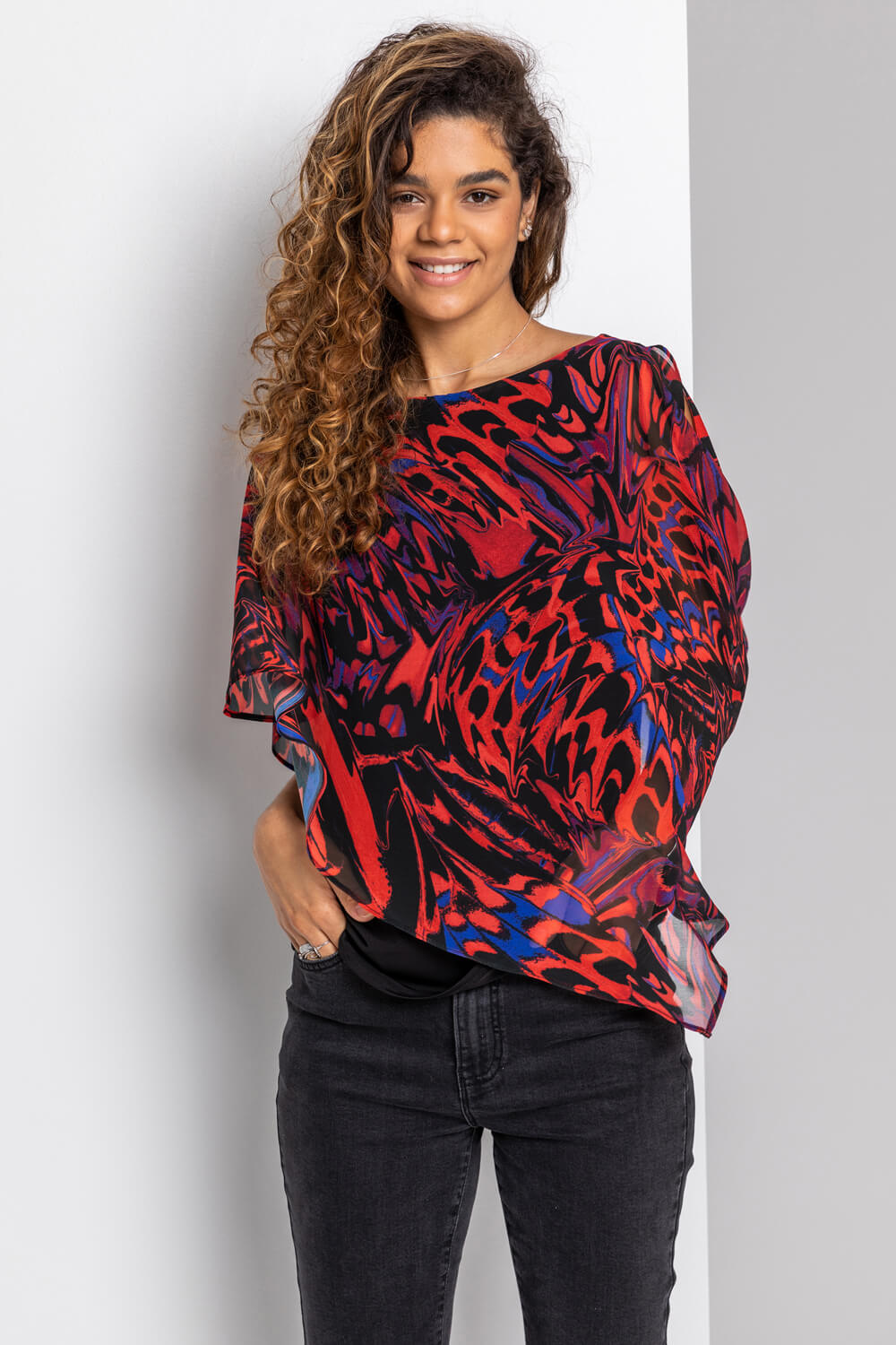 Red Abstract Butterfly Print Overlay Top, Image 5 of 5