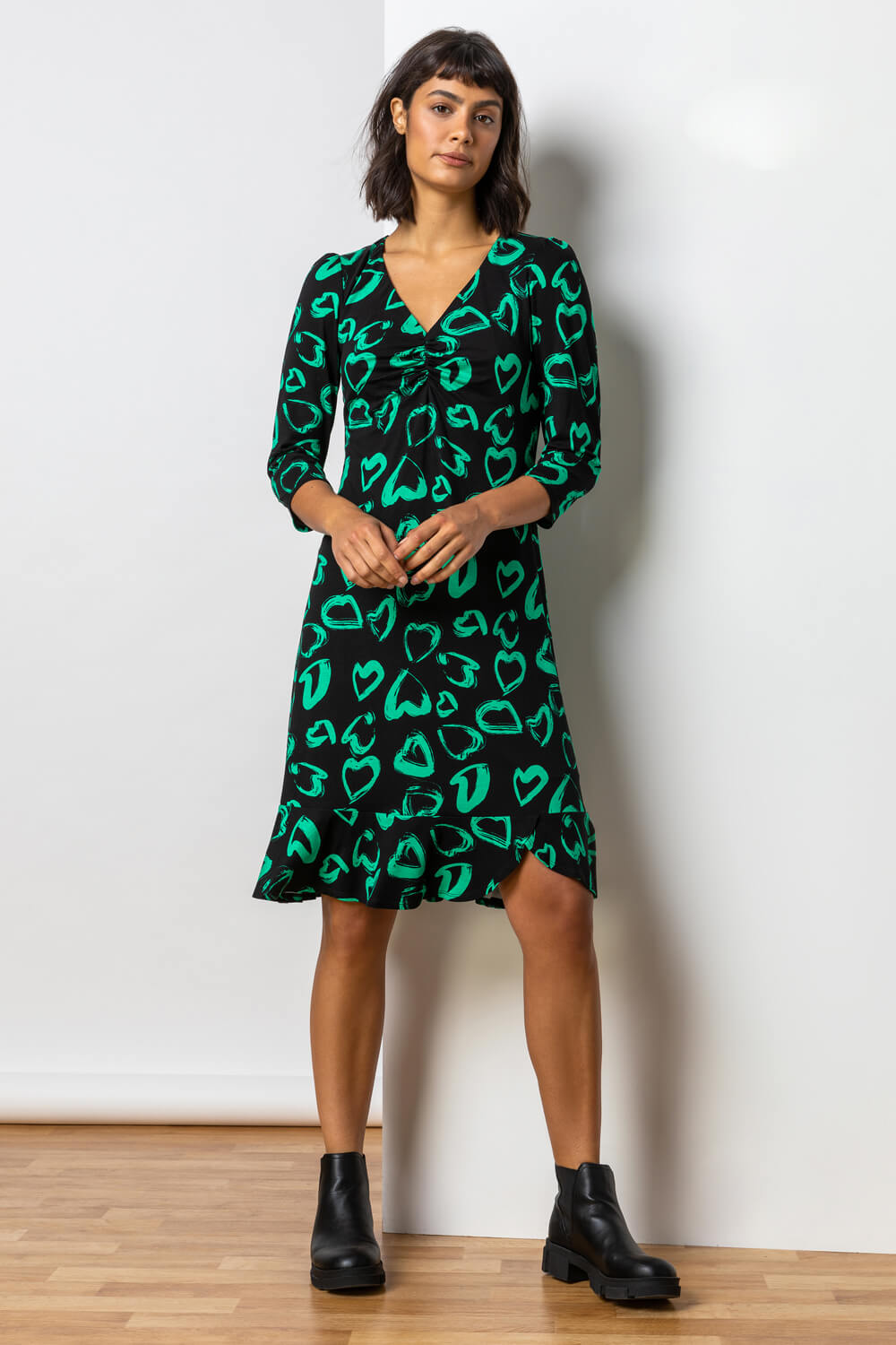 Green Frill Detail Heart Print Dress, Image 3 of 5