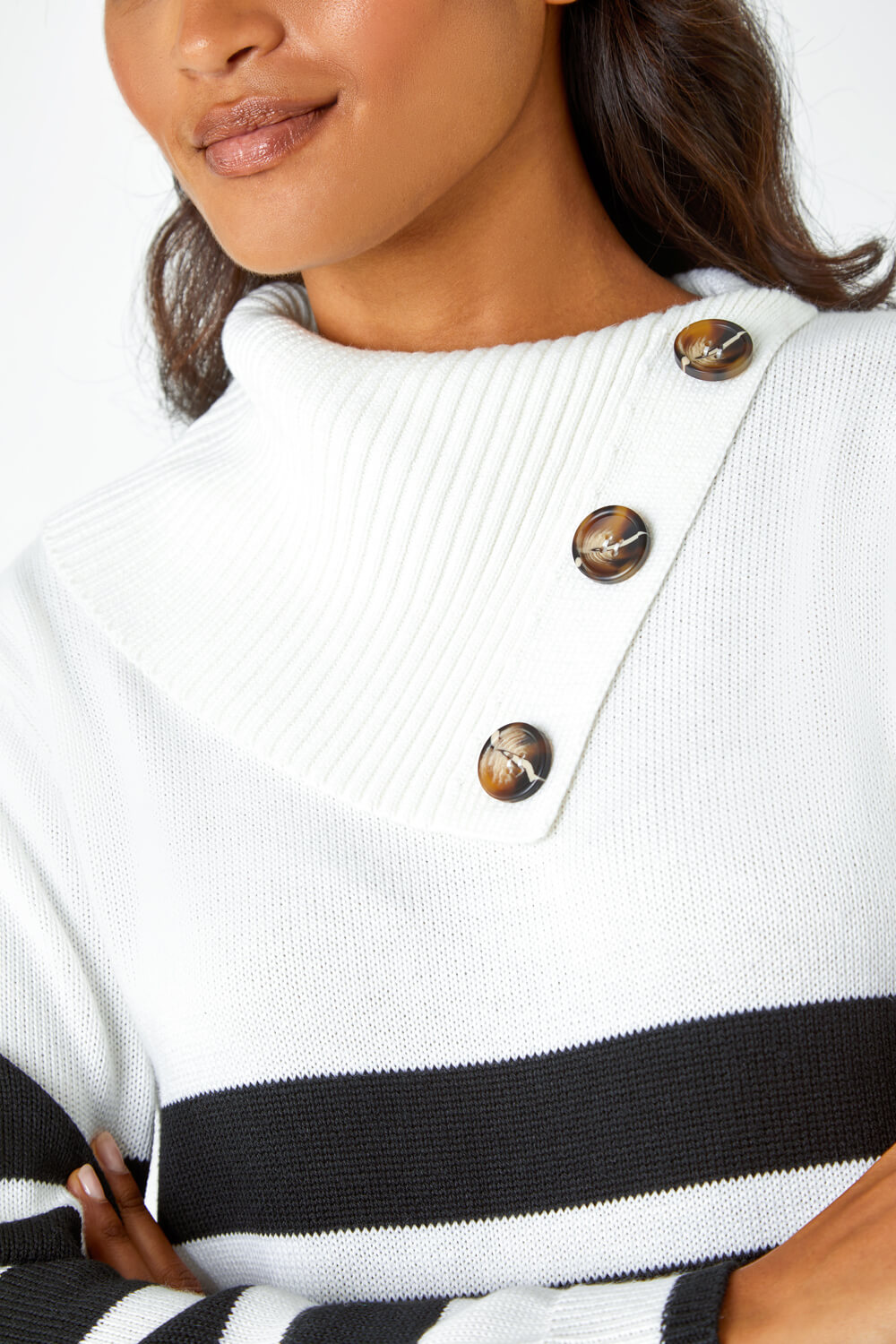 Black Split Neck Striped Button Jumper , Image 5 of 5