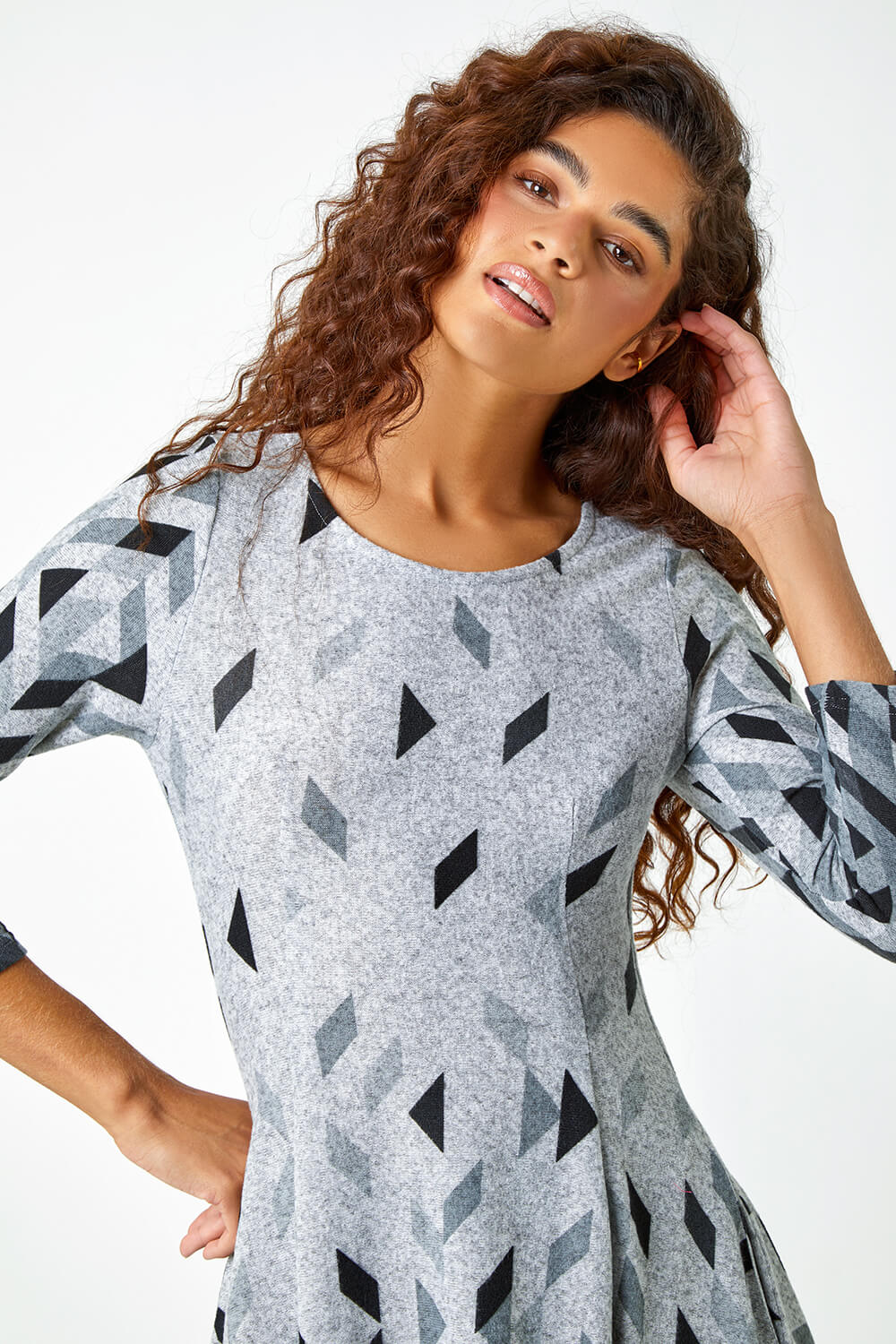 Grey Geometric Print Panelled Stretch Dress, Image 4 of 5