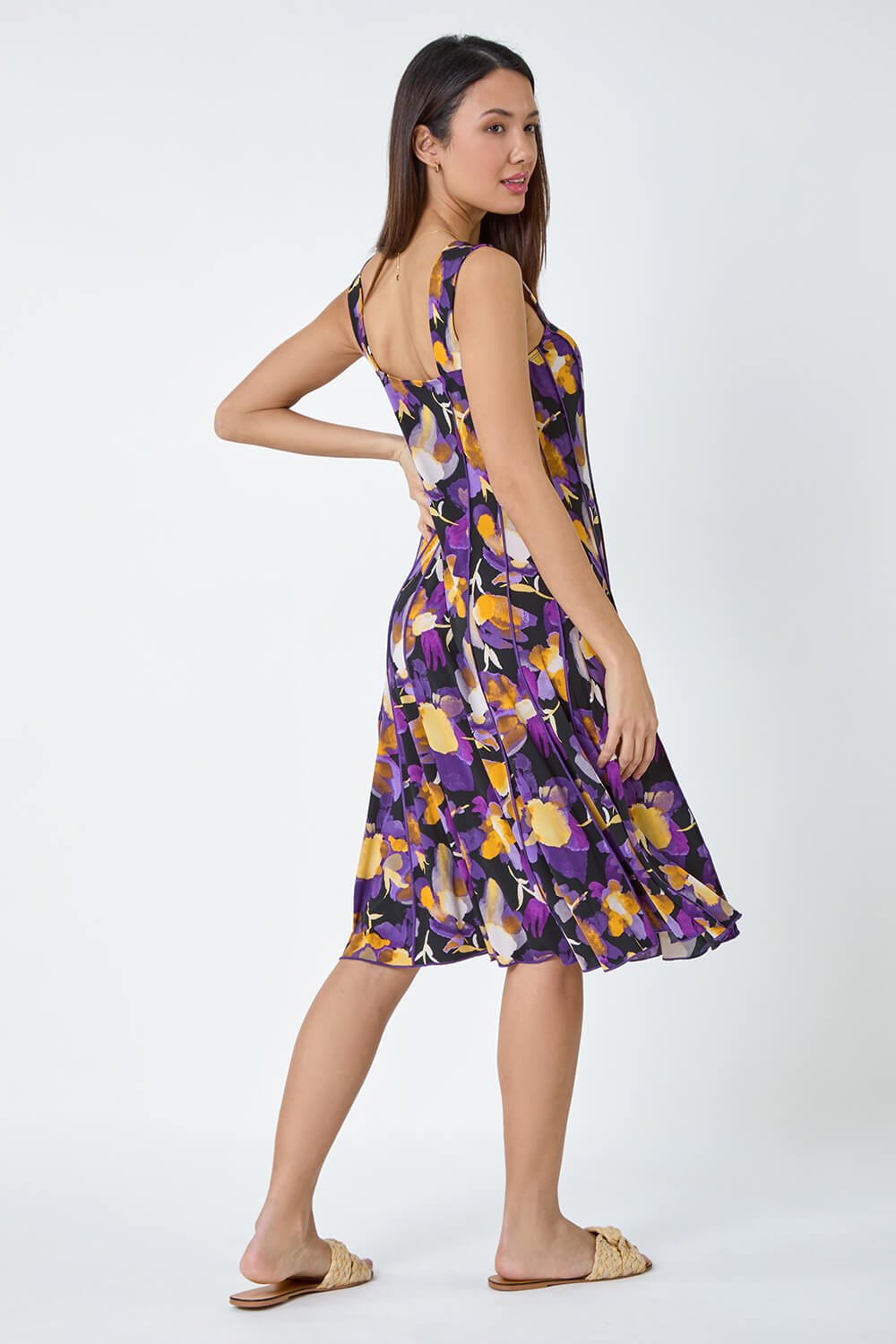 Purple Abstract Floral Print Stretch Panel Dress, Image 3 of 5