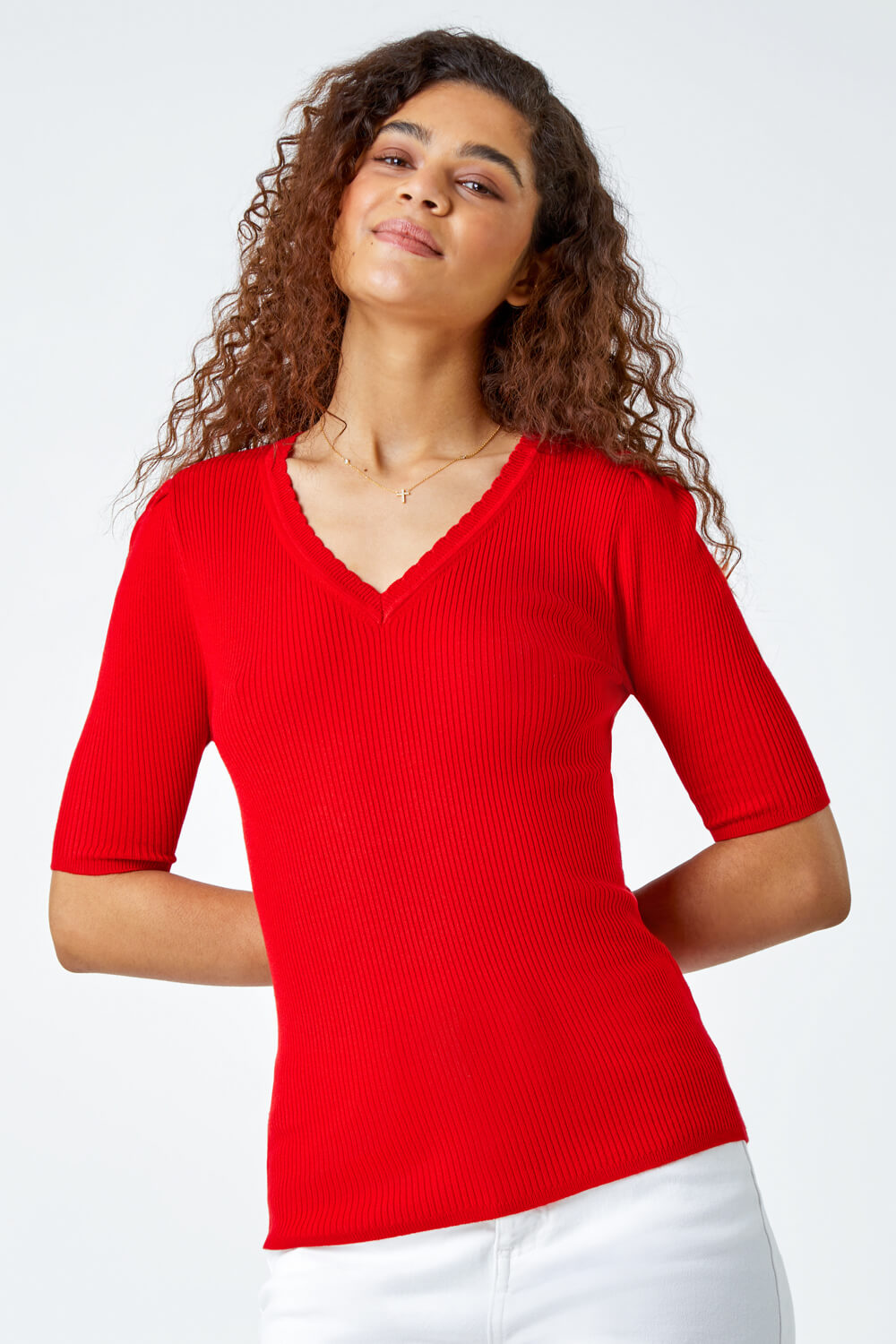 Red Scallop Edge Ribbed Stretch Knit Top, Image 2 of 5