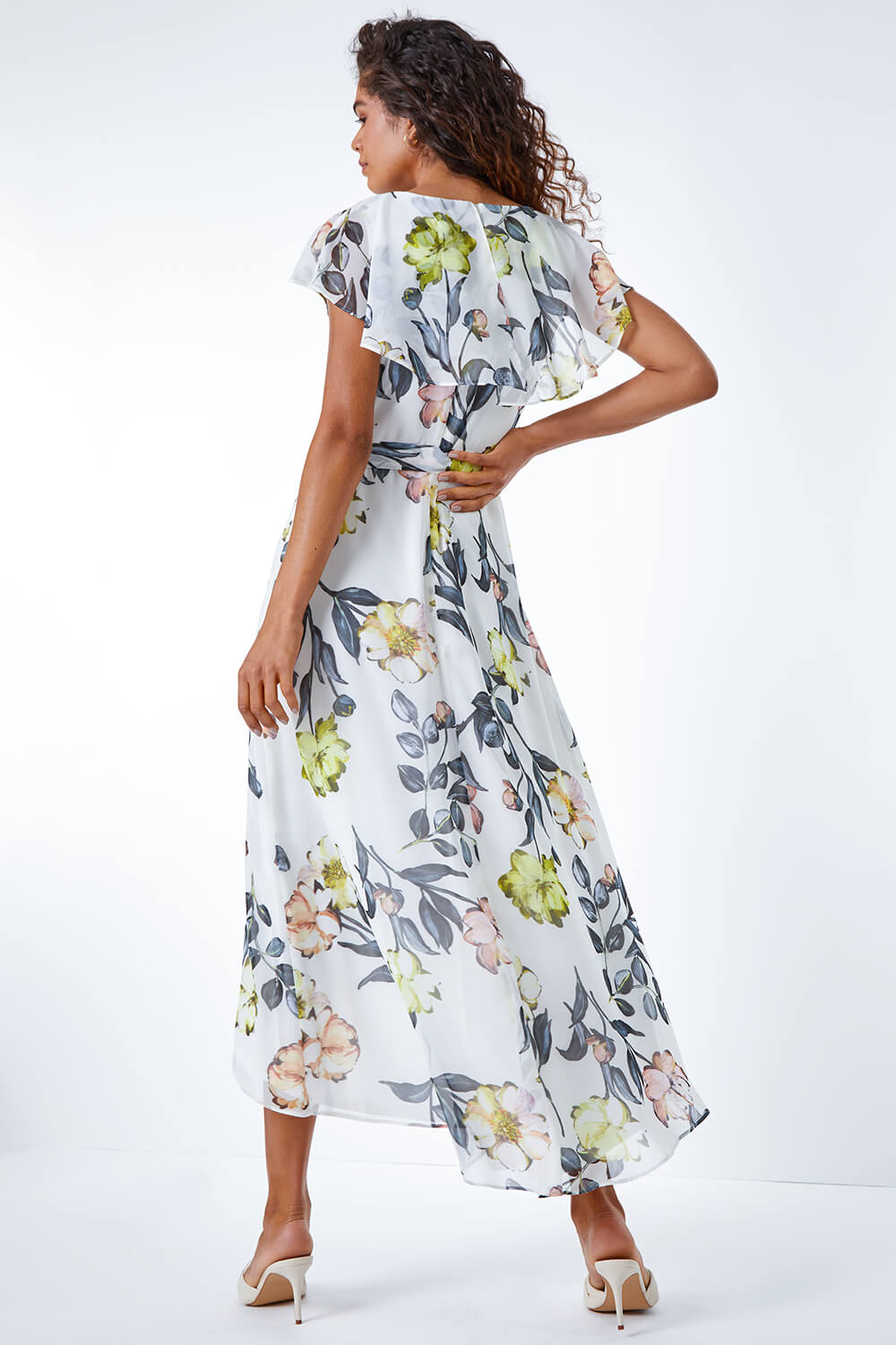 Ivory  Floral Print Frill Cape Wrap Dress, Image 3 of 5