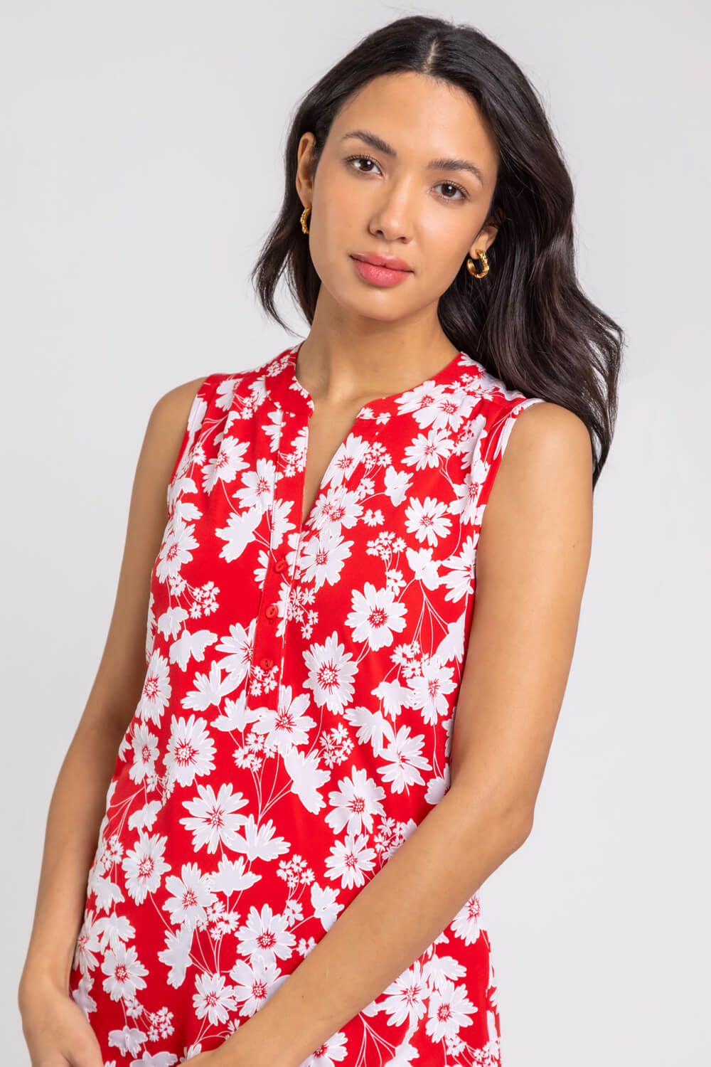 Red Floral Puff Print Notch Neck Top, Image 4 of 4