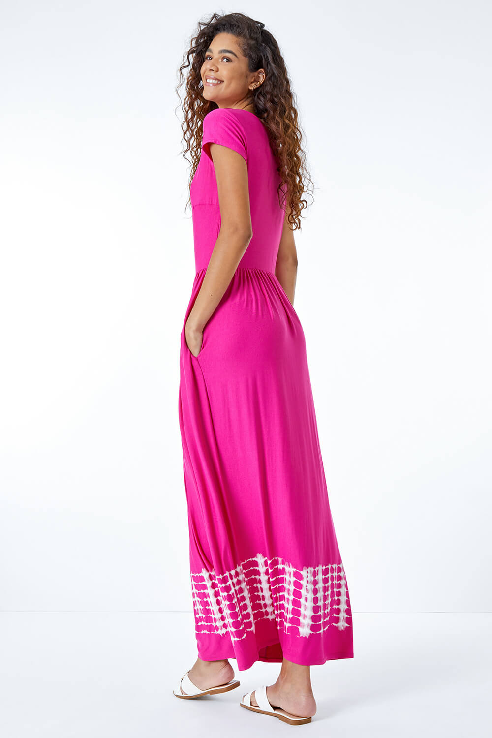 Fuchsia Tie Dye Border Print Stretch Maxi Dress, Image 2 of 5