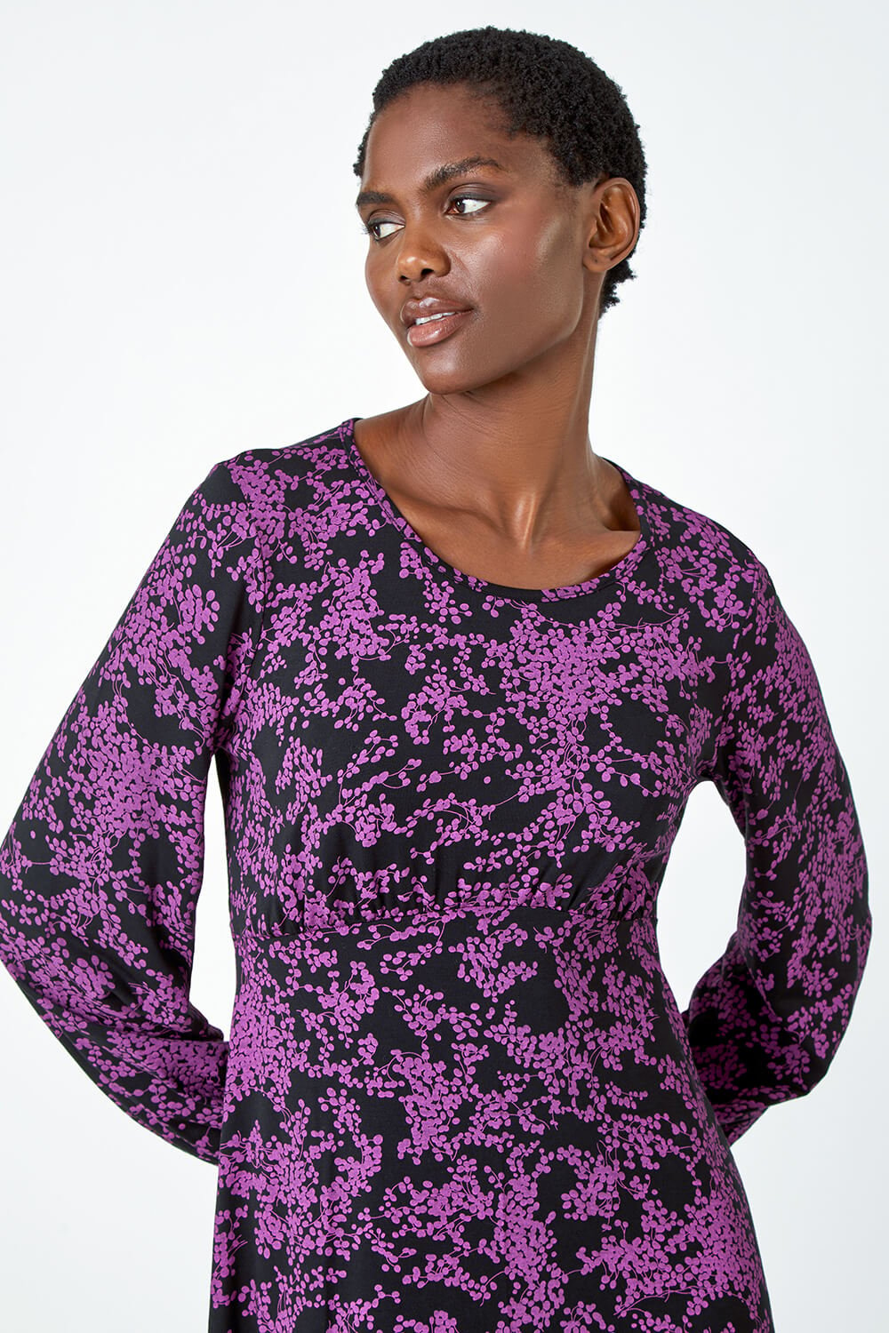 Purple Ditsy Floral Print Stretch Dress, Image 4 of 5