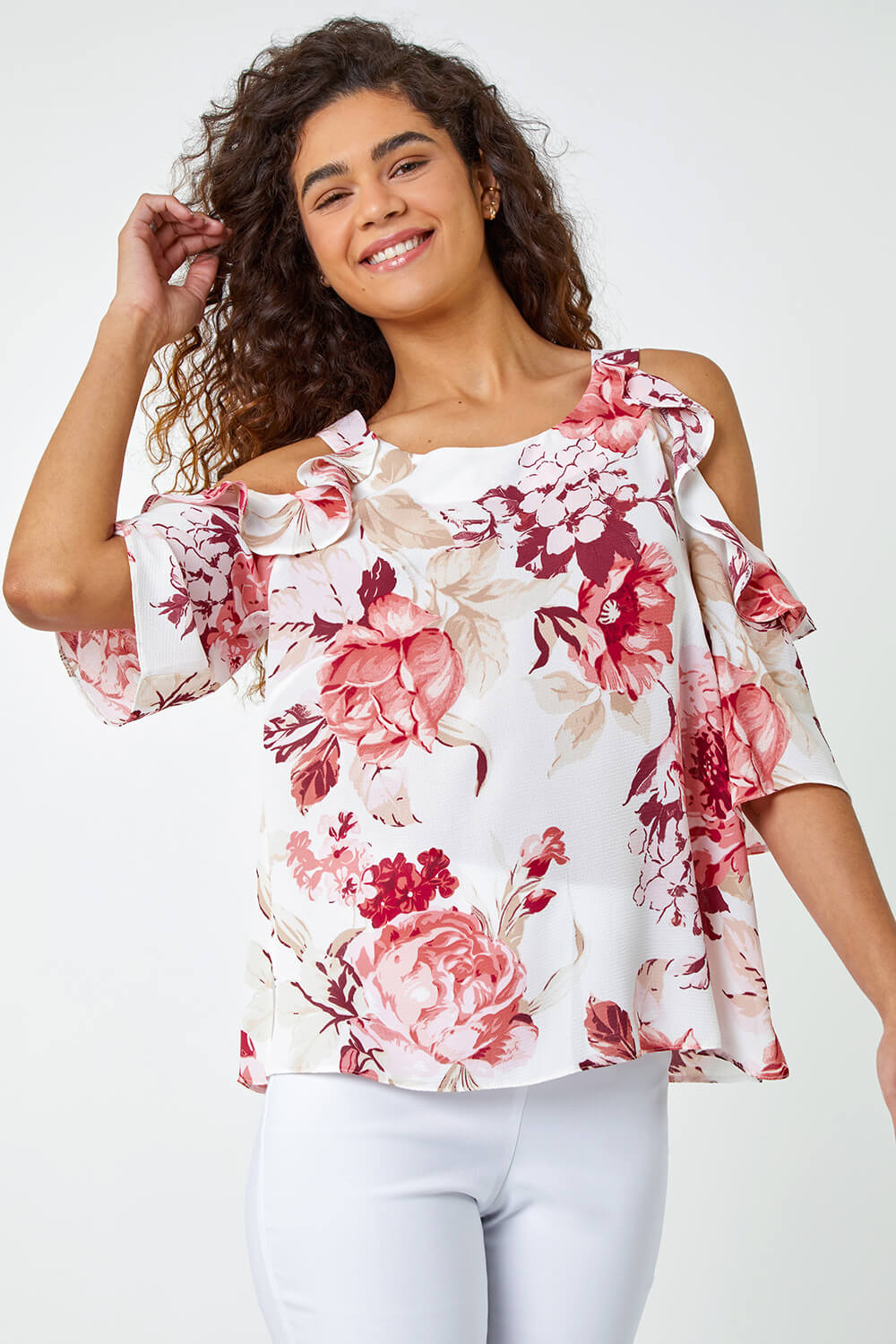 Pink Floral Print Frill Top