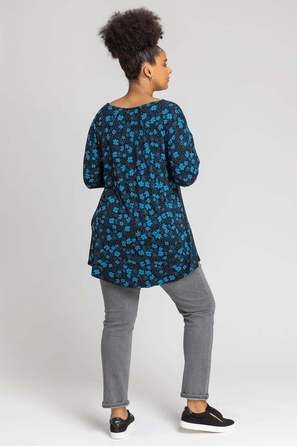 Royal Blue Curve Contrast Floral Print Jersey Top, Image 2 of 4