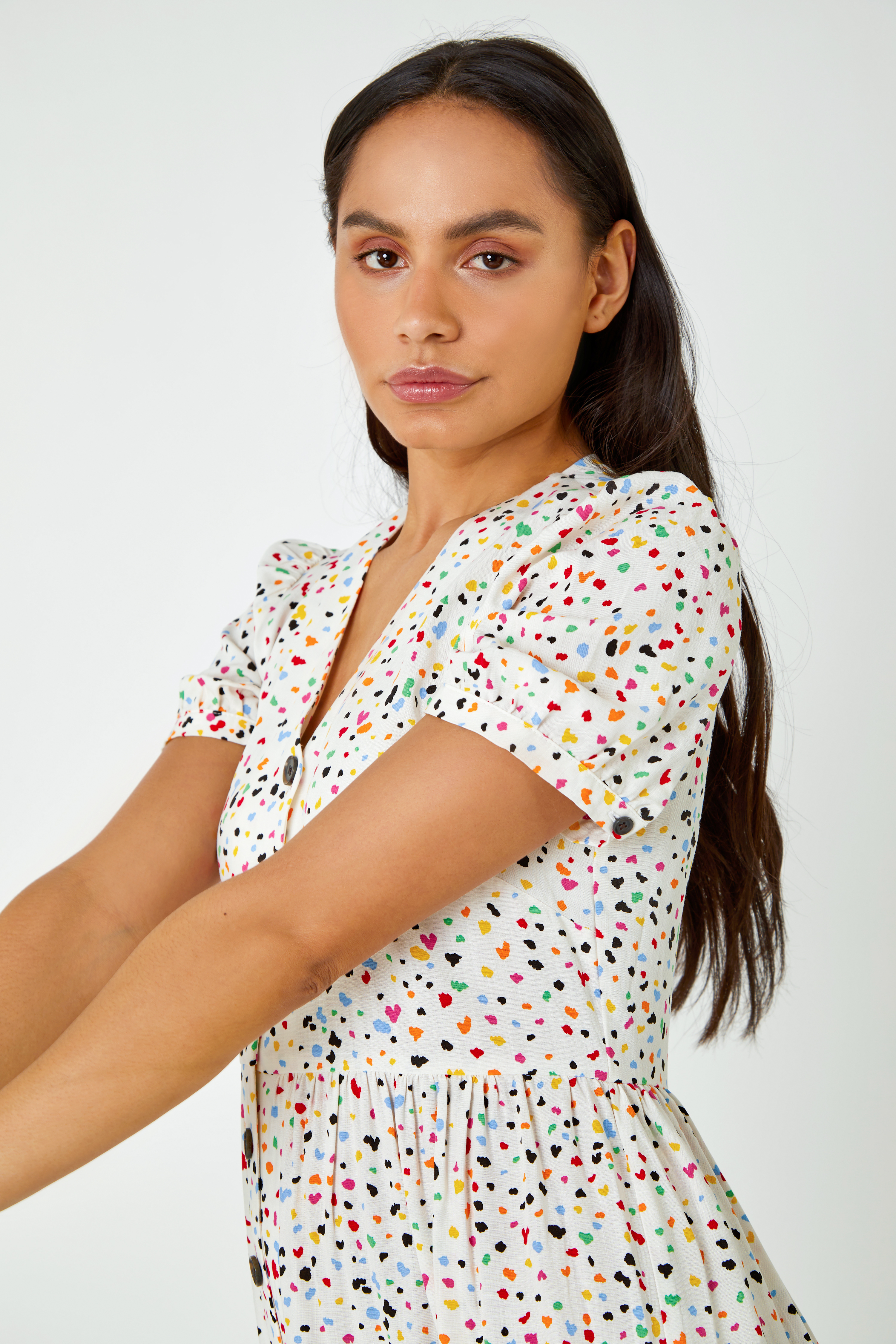 Yellow Ditsy Spot Print Button Down Dress, Image 2 of 5