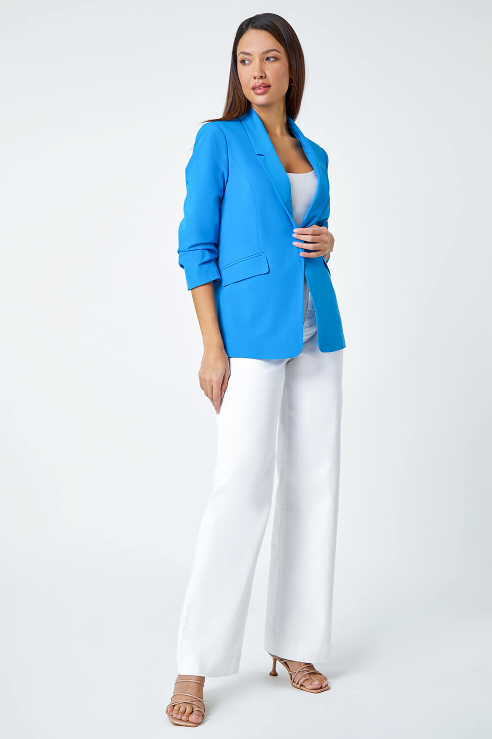 Blue Ruched Sleeve Stretch Blazer , Image 2 of 4