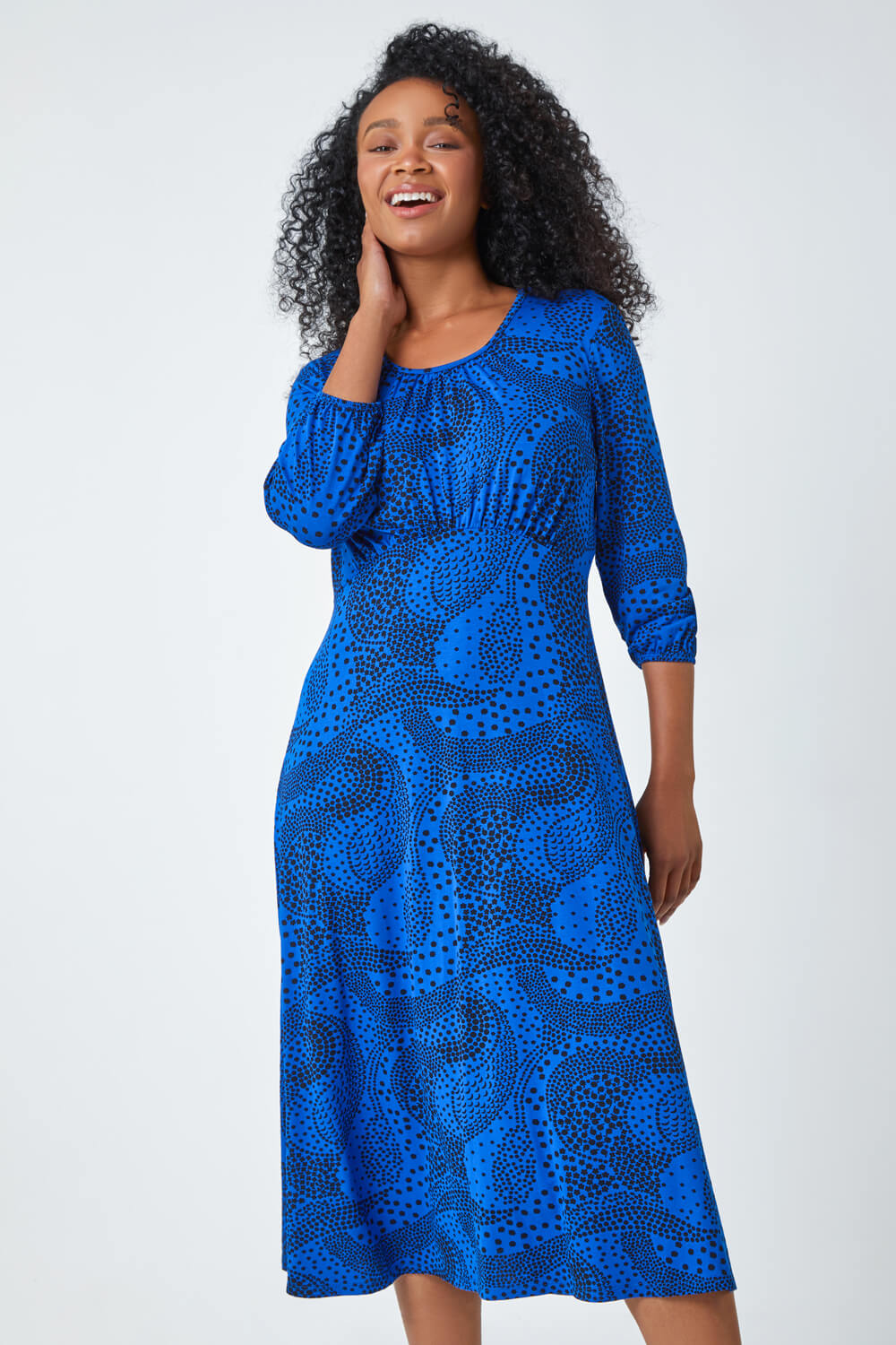 Royal Blue Petite Abstract Spot Stretch Midi Dress | Roman UK