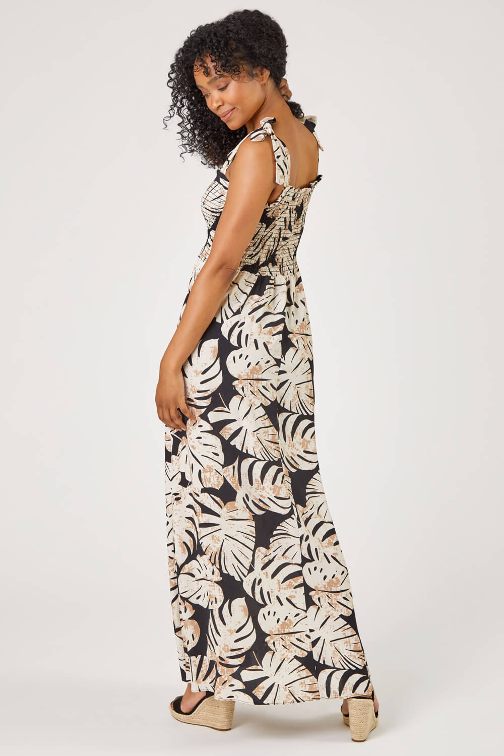 Black Petite Tropical Print Shirred Maxi Dress , Image 2 of 5