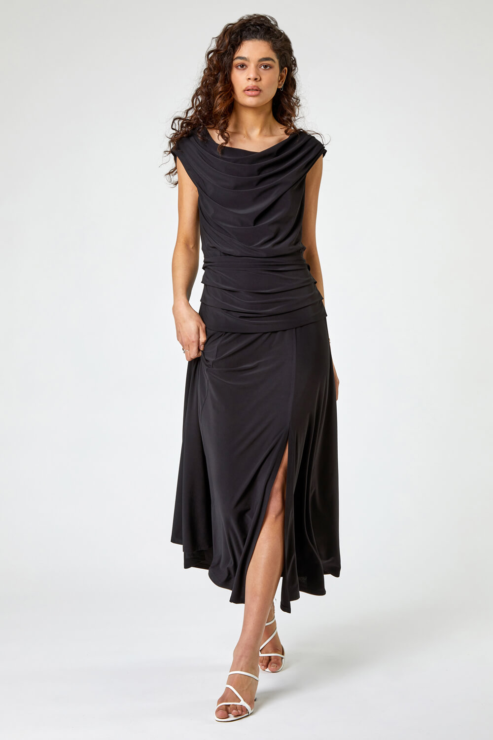 Black Cowl Neck Ruched Maxi Dress, Image 3 of 4
