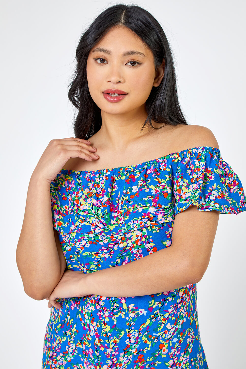 Blue Petite Ditsy Floral Bardot Top, Image 4 of 5
