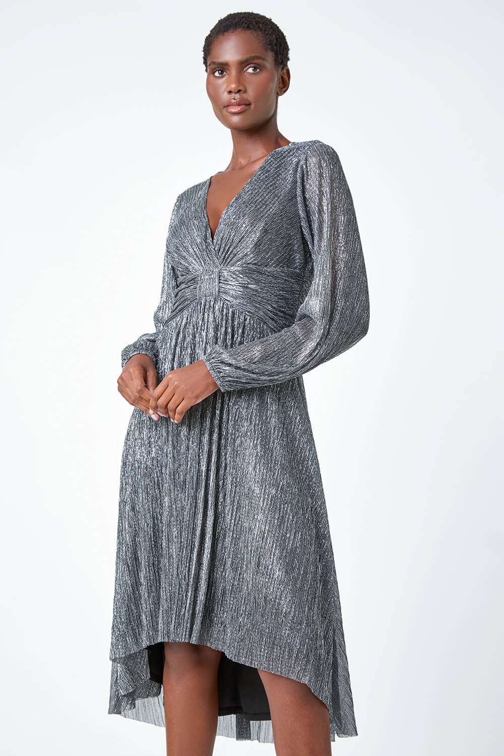 SILVER Metallic Plisse Twist Front Dress | Roman UK