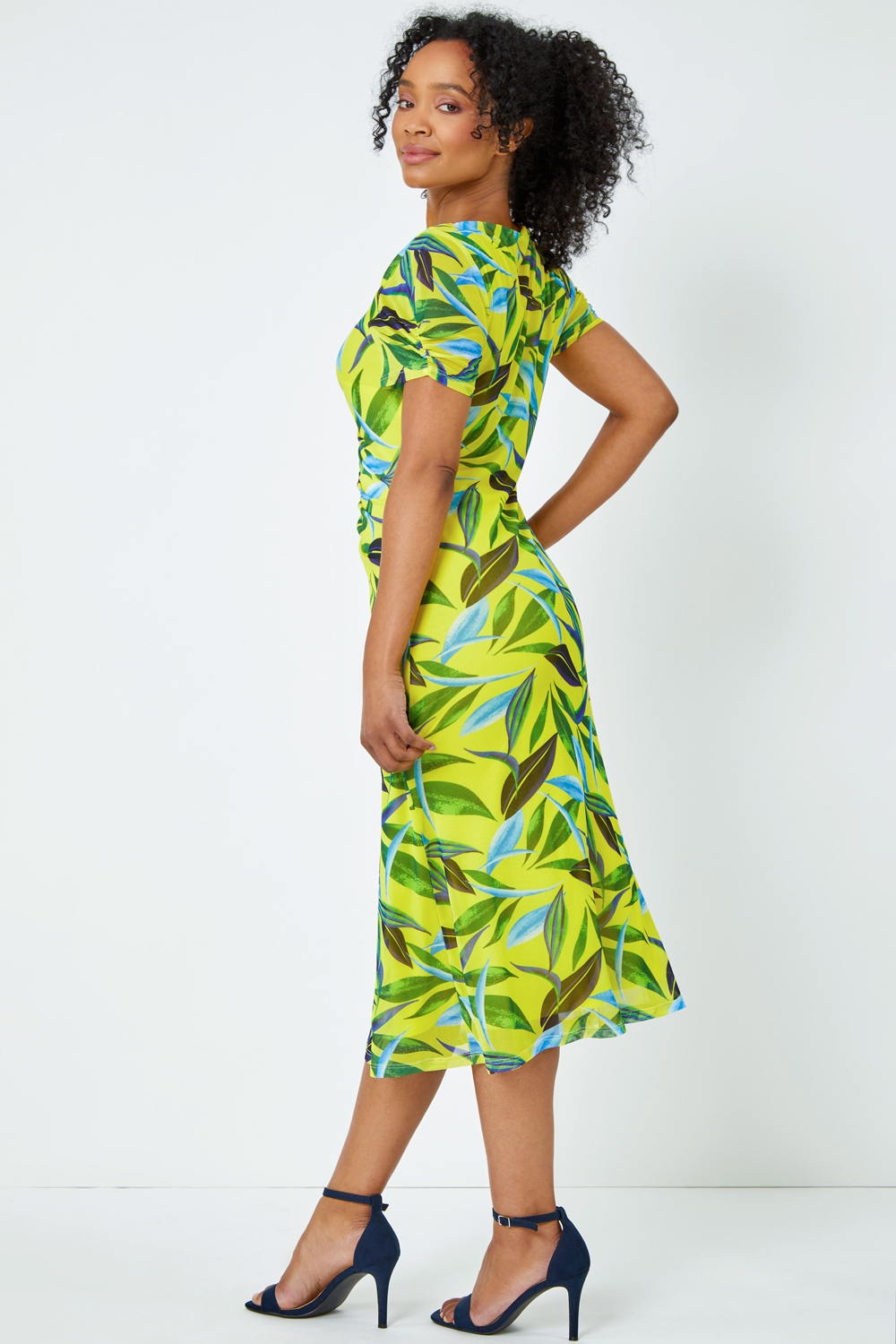 Lime Petite Ruched Tropical Print Midi Dress, Image 3 of 5