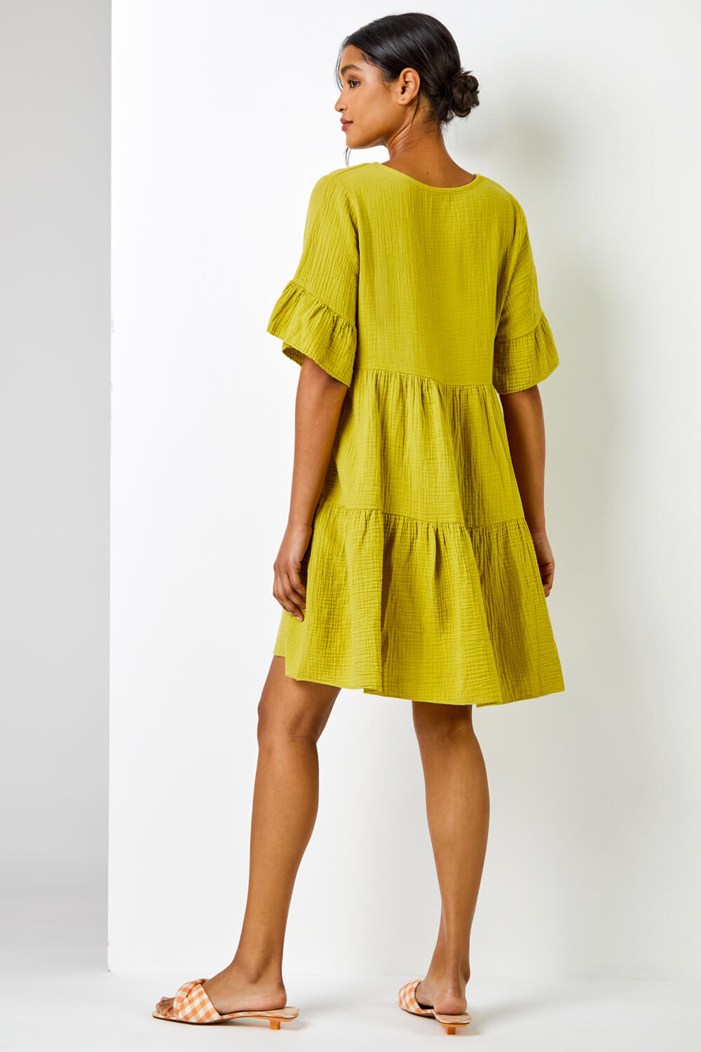Pea Green Textured Tiered Smock Dress, Image 2 of 5