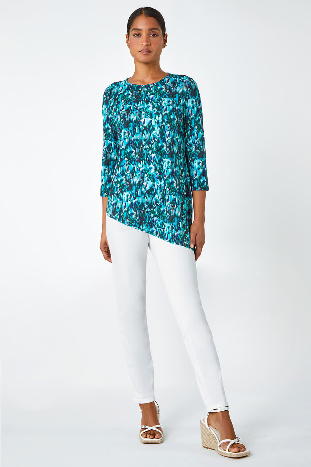 Turquoise Abstract Print Asymmetric Stretch Top, Image 2 of 5