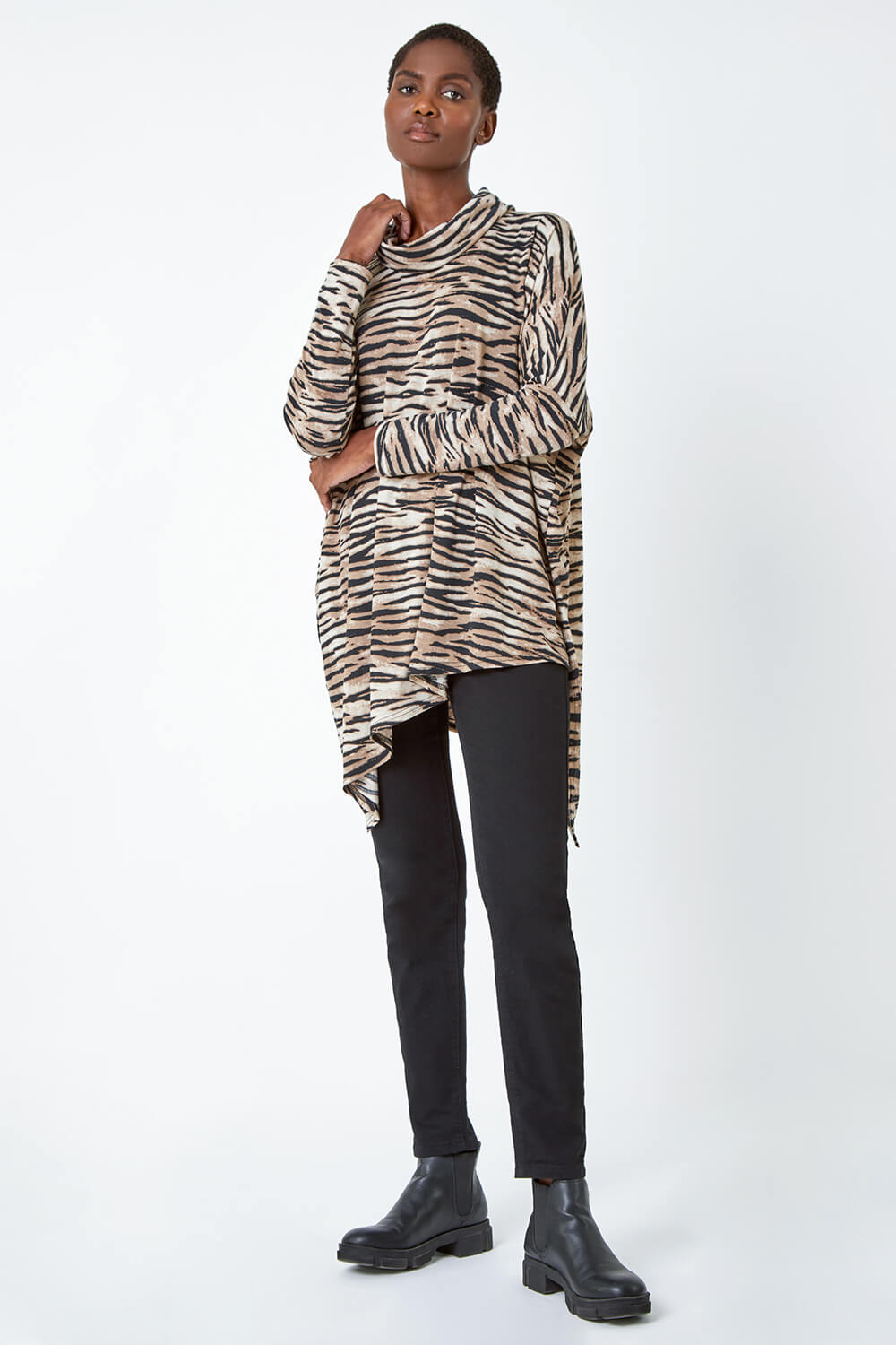Natural  Animal Print Asymmetric Stretch Top, Image 2 of 5