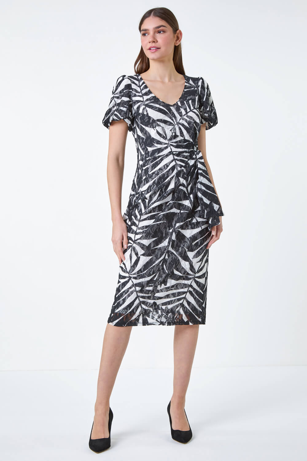 Black Leaf Print Stretch Lace Tie Dress, Image 2 of 5