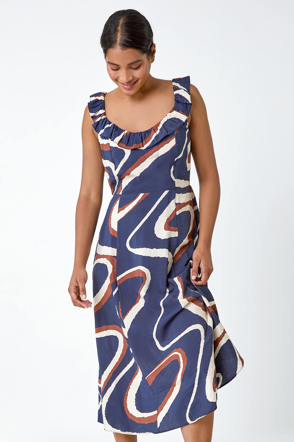 Navy  Frill Neck Swirl Print Midi Dress, Image 4 of 5