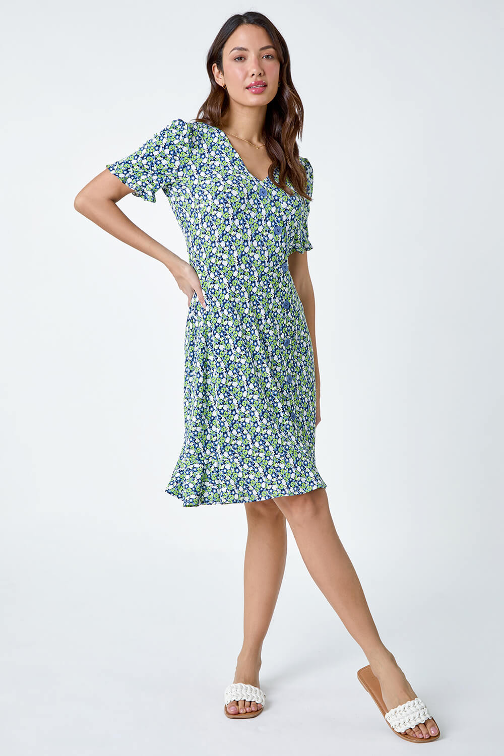 Green Ditsy Floral Side Button Dress, Image 2 of 5
