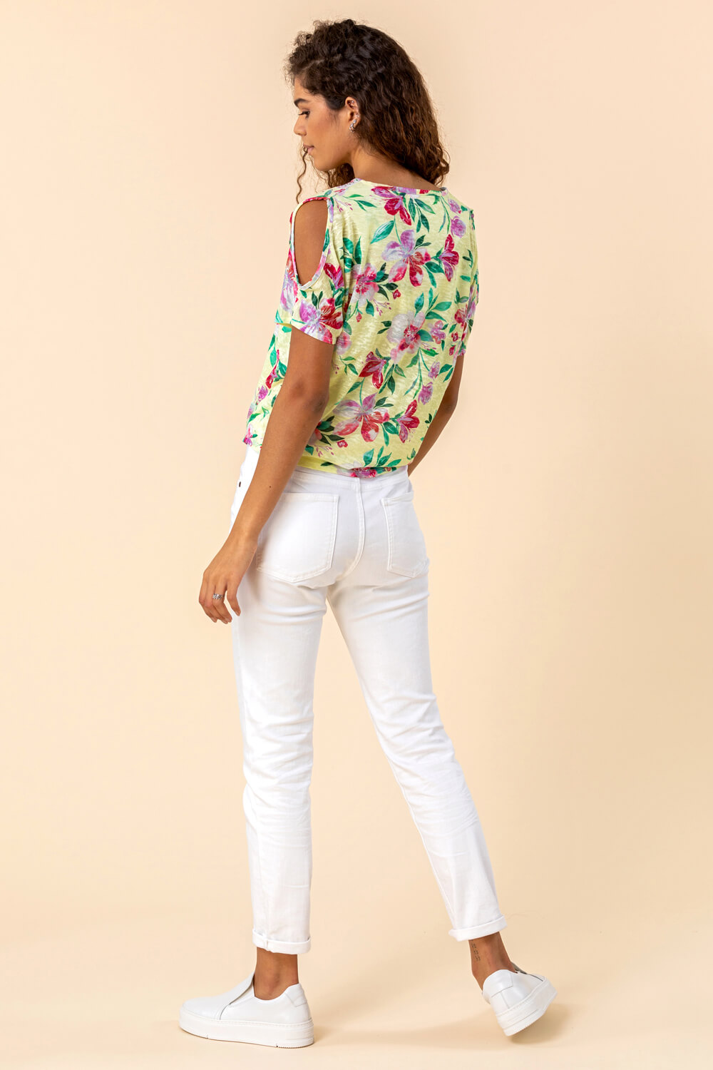 Yellow Hotfix Tropical Print Tie Front Top, Image 2 of 4