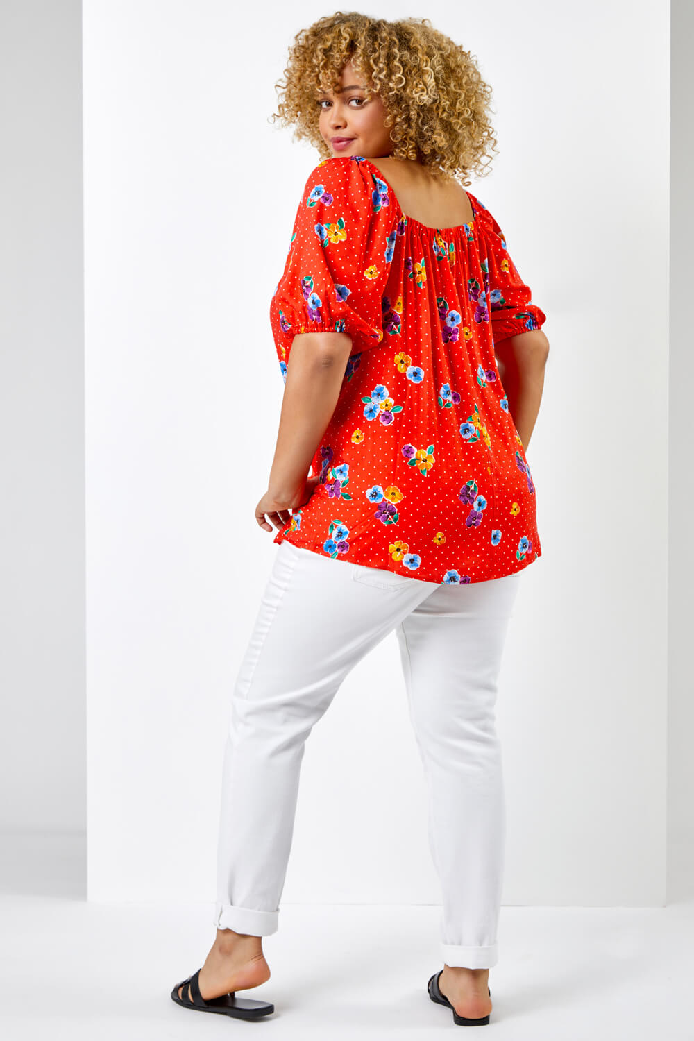 Red Curve Spot Floral Print Sweetheart Neck Top, Image 2 of 5