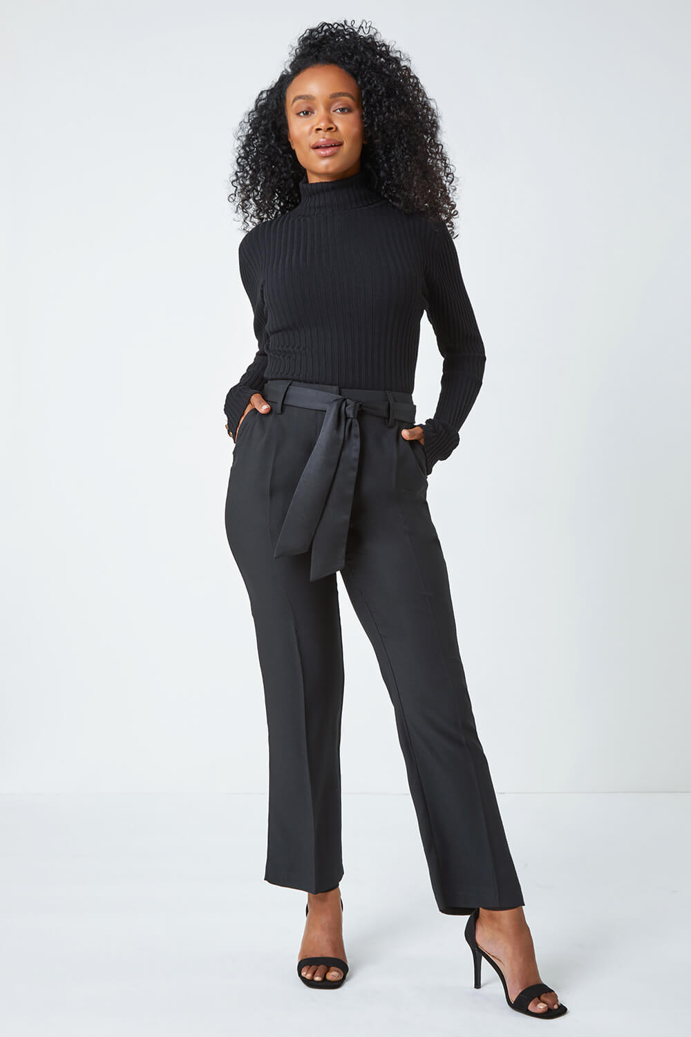 Black Petite Tapered Belted Trousers , Image 2 of 7