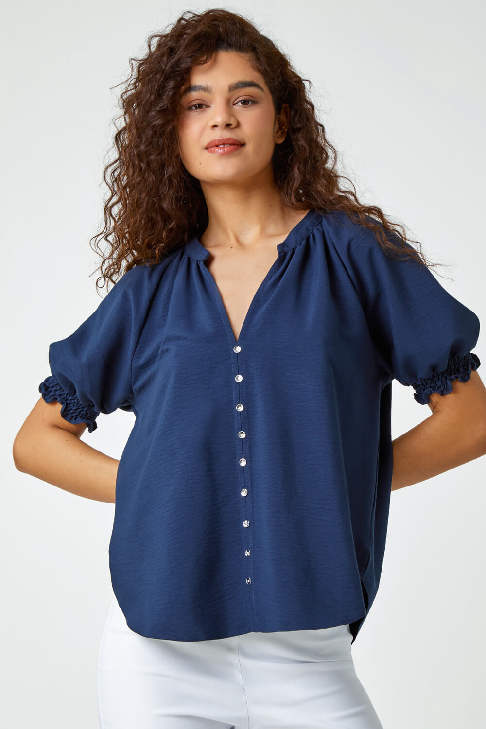 Navy  Puff Sleeve Button Detail Blouse, Image 2 of 5