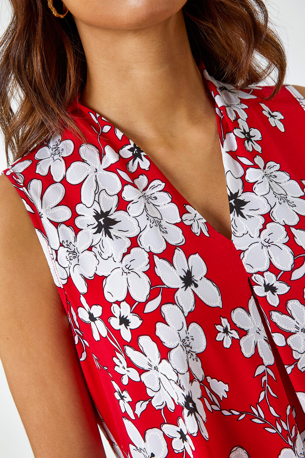 Red Textured Floral Print Sleeveless Top, Image 5 of 5