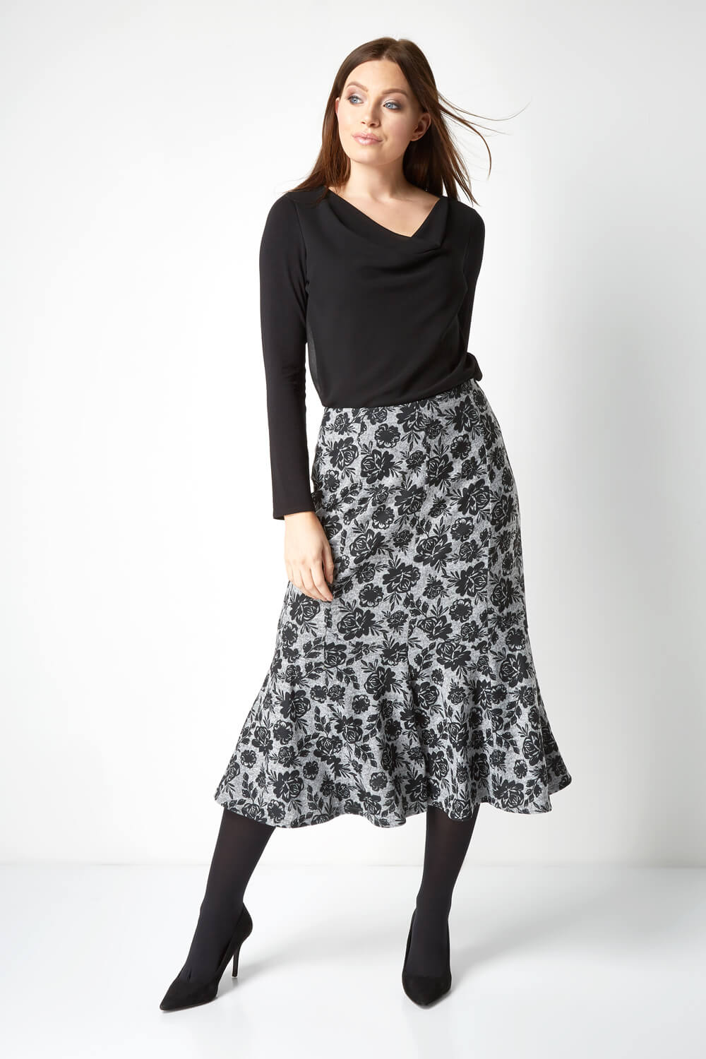 Grey Fluted Hem Floral Skirt, Image 3 of 4