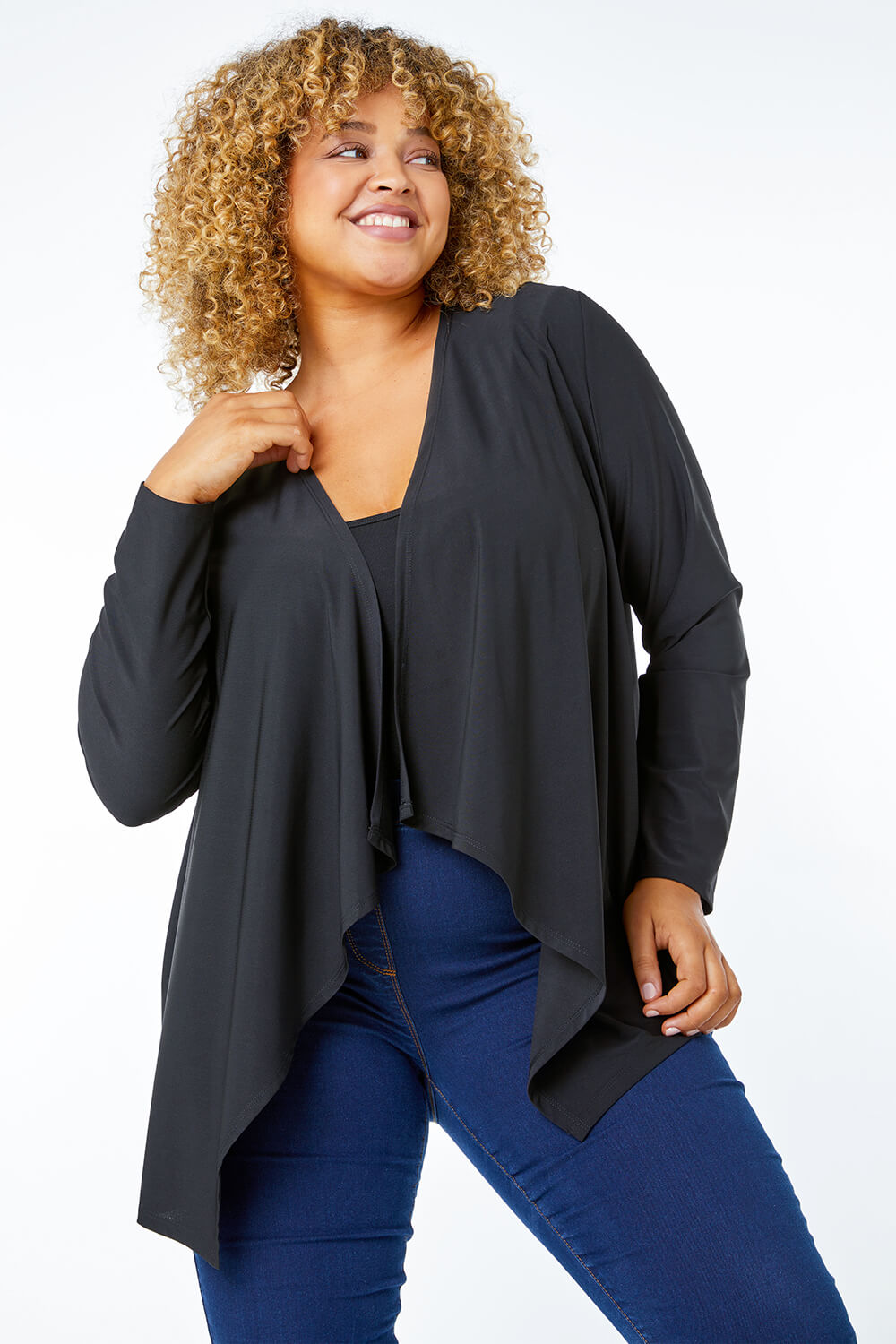 Curve Waterfall Stretch Cardigan in Black - Roman Originals UK