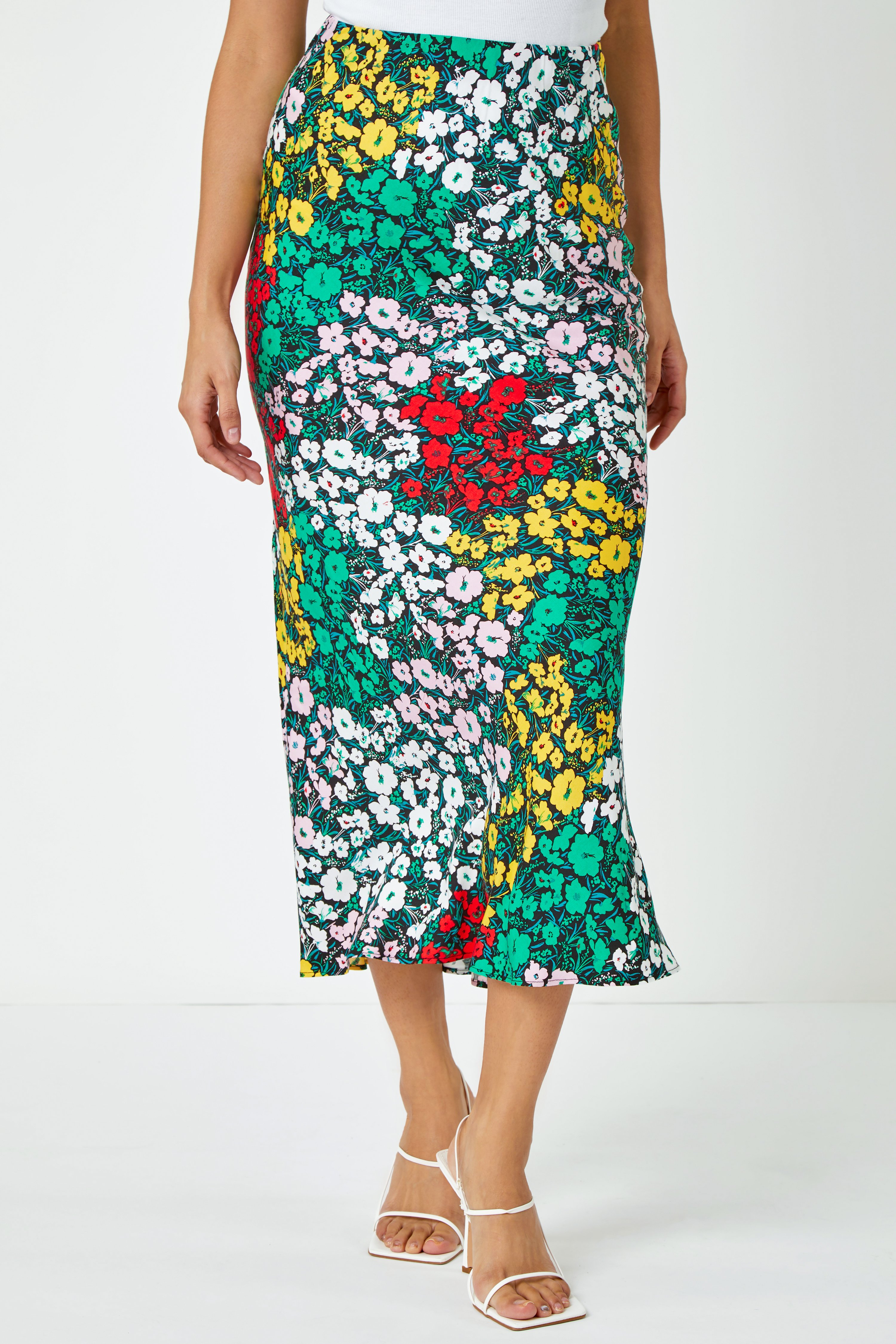 Multi  Contrast Floral Print Midi Skirt, Image 2 of 5