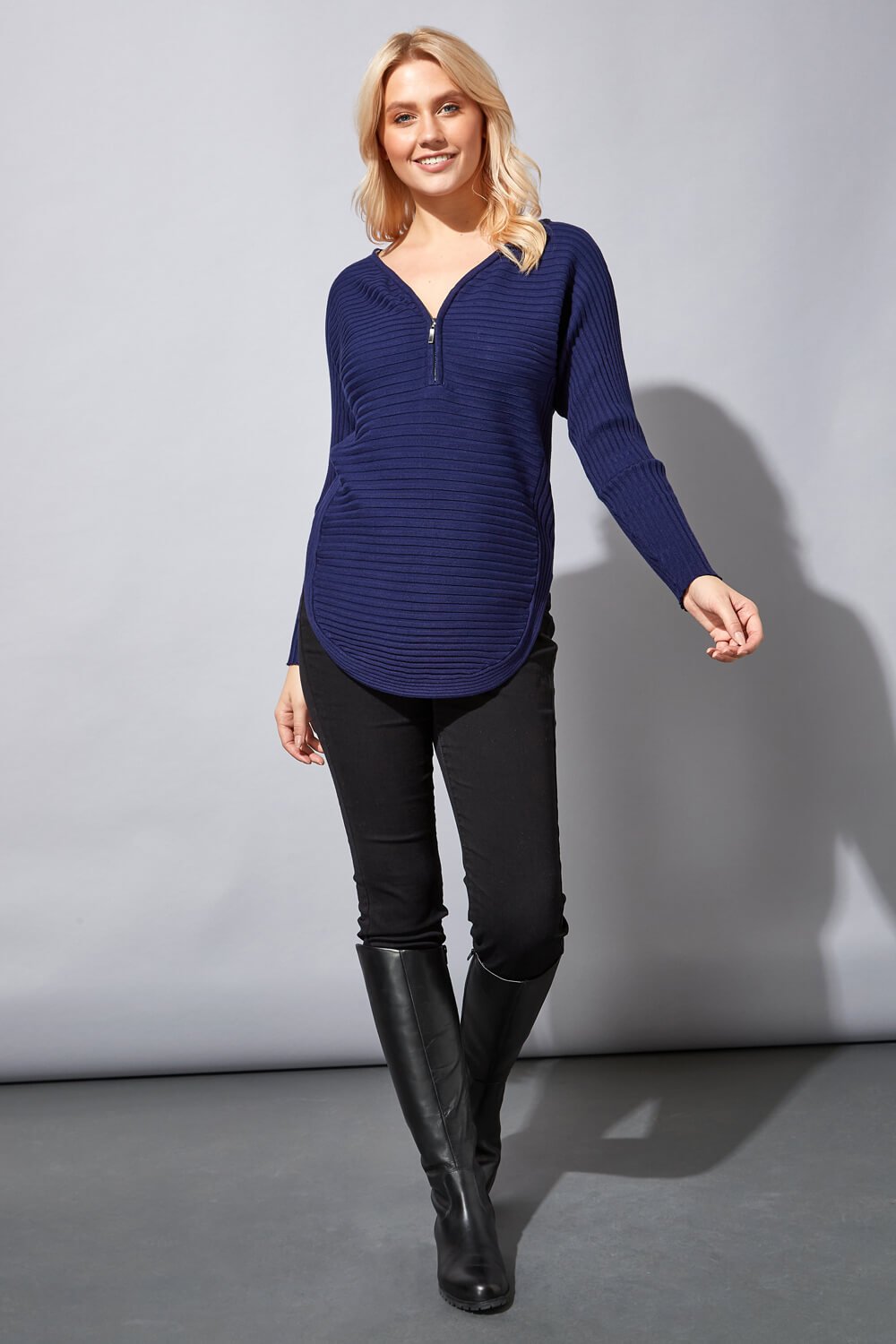 Navy  Zip Front V Neck Jersey Long Sleeve Top, Image 2 of 4