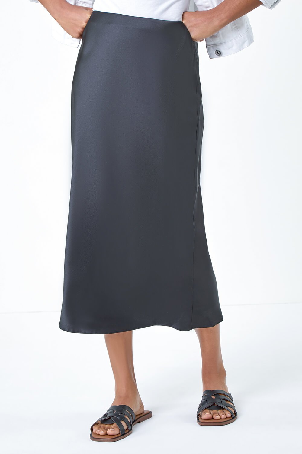 Black Satin Bias Cut Midi Skirt, Image 4 of 5
